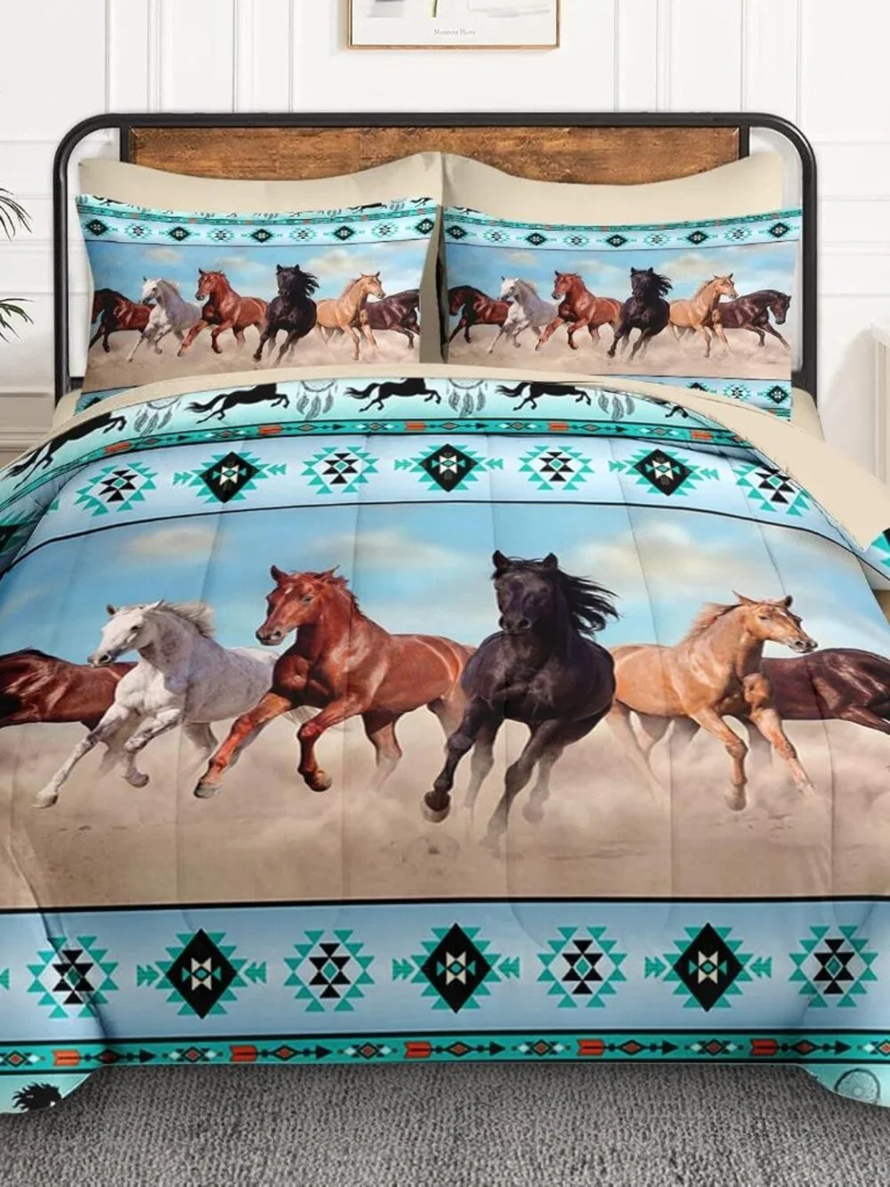 King Comforter Set with Sheets, 7 Pieces Horses Western Bedding | Bed in A Bag f